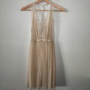 Lingerie Babydoll‎ Nightie Womens Cream Iridescent Lace Sheer Halter